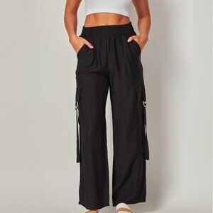 Black Linen Blend Cargo Pants